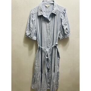 Max Studio Maxi Dress Womens Large Blue White Stripe Short Sleeve Button Up